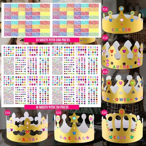 152 Pcs Paper Crowns for Kids Boys Girls Adults Princess Prince King, Classroom Crown, Birthday Party Hats with Gold Gem Jewels Number Letter Stickers, DIY Decor Favor Supplies