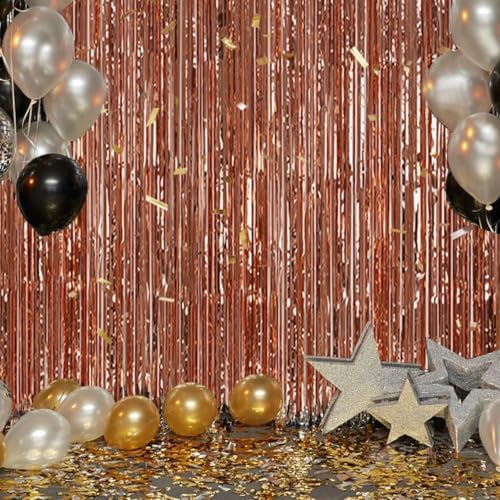 DECOCKRAT 3 Pack Foil Fringe Backdrop - Rose Gold Shiny Tinsel Curtains for Party Decoration/Photo Booth Props - 3.3x8.2 FT Metallic Foil Backdrop for Birthday, Wedding, Graduation, Christmas.