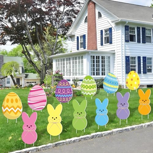 12 Pcs Easter Yard Signs Outdoor Bunny Eggs Lawn Sign with Stakes Waterproof Easter Peeps Rabbit Yard Stake Decorations for Spring Holiday Outdoor Home Garden Lawn Patio Party Props Decoration