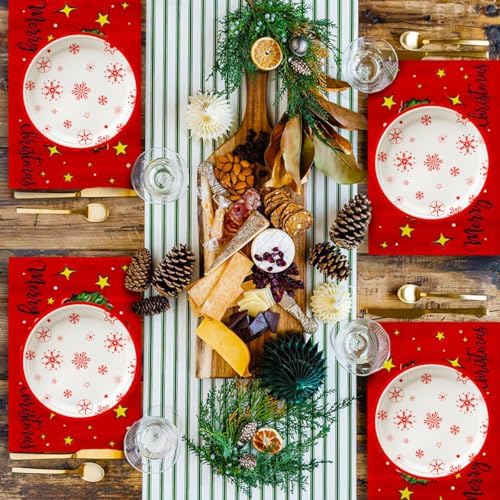 SHUYU 50 Count 7 Inch Round Christmas Snowflake Paper Plates, Red and White Holiday Disposable Dinner Plates Festive Winter Party ableware