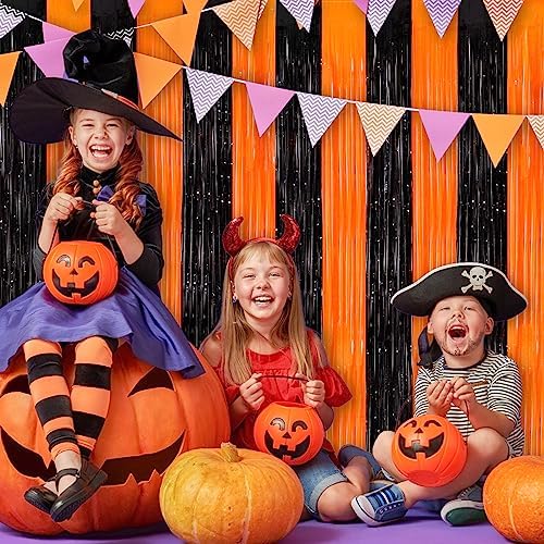 Black Orange Halloween Backdrop, 2 Pack Tinsel Foil Fringe Curtains
