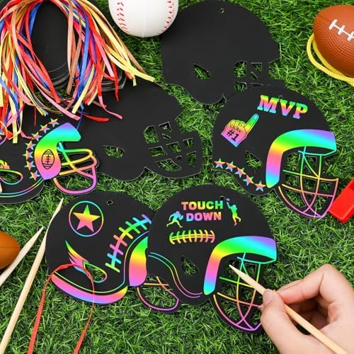 JULMELON 36 PCS Football Scratch Art Kids, Helmet Crafts Party Favors