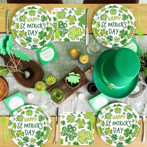 96 Pieces St. Patrick’s Day Tableware Set – Green Shamrock Disposable Plates Napkins Forks with “Happy St. Patrick’s Day” Lucky Clover Designs for Holiday Parties Irish Celebrations – Serves 24