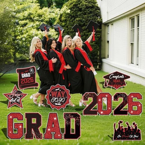 Graduation Yard Signs Class of 2026 Decorations 11pcs Black and Red Congrat