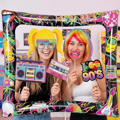 90s Inflatable Photo Frame & Props, 25Pcs Back to The 90s Photo Booth Props with Inflatable Selfie Picture Frame for 1990s Throwback Birthday Party Supplies