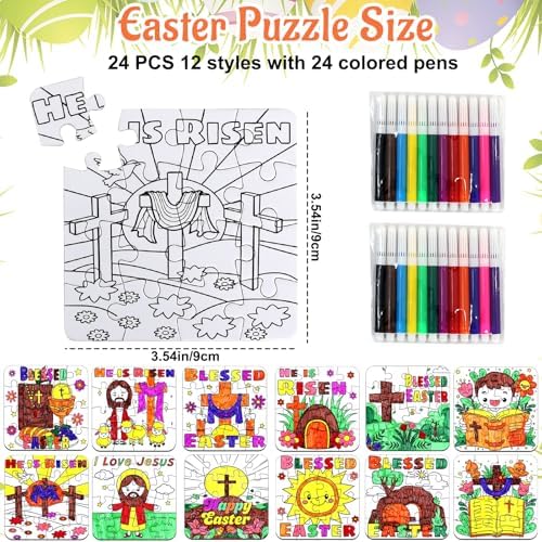 24Pcs Christian Easter Crafts for Kids Ages 4-8, Religious Easter Puzzle Jesus He Is Risen, Bible Jigsaw Arts Gifts for Classroom DIY Activity, Basket Stuffers, Spring Party Favors, Coloring Game Bulk