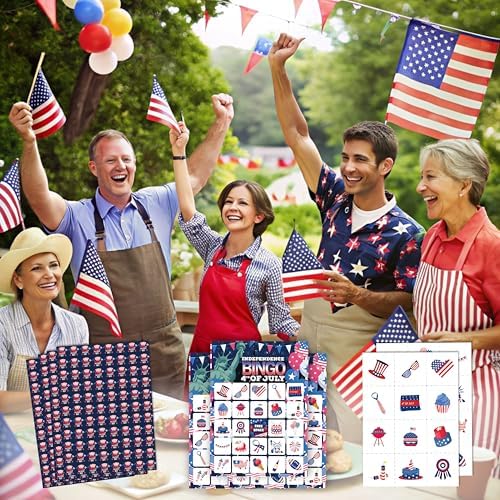 24 Players Independence Day Bingo Game Cards - 4th of July Patriotic Party Activities for Family & Adults, 5x7 Premium Cardstock, American Flag BBQ Decorations, Memorial Day Games with Caller Chips