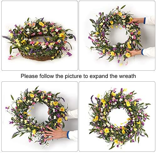 J'FLORU Spring Wreath 24 Inch Summer Wreaths for Front Door Artificial Flower Wreath with Daisy and Lavender for Indoor Outdoor and Easter Celebration