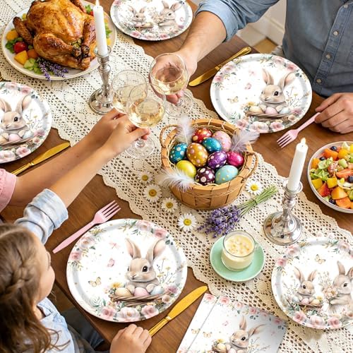 96 Pieces Easter Bunny Eggs Paper Plates and Napkins, Spring Floral Rabbit Disposable Tableware with Plates Napkins Forks for Spring Easter Party Supplies, Baby Shower Birthday Party Decor - Serves 24