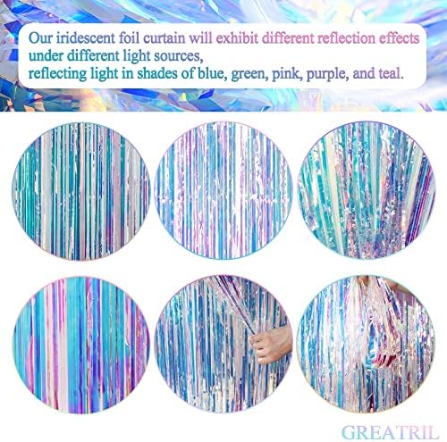 Iridescent Party Streamers Backdrop - GREATRIL Neon Transparent Holographic Tinsel Foil Fringe Curtain for Mermaid/Frozen/Sea/Euphoria/ERAS Party Theme Decorations 3.2ft x 6.5ft 2 PCS