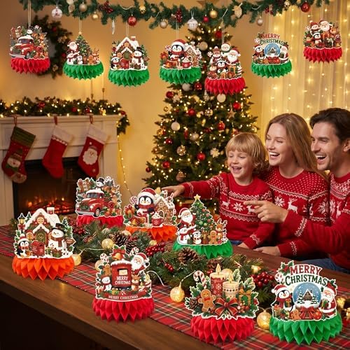 Christmas Decorations - 9 PCS Santa Snowman Reindeer Honeycomb for Christmas Table Decorations