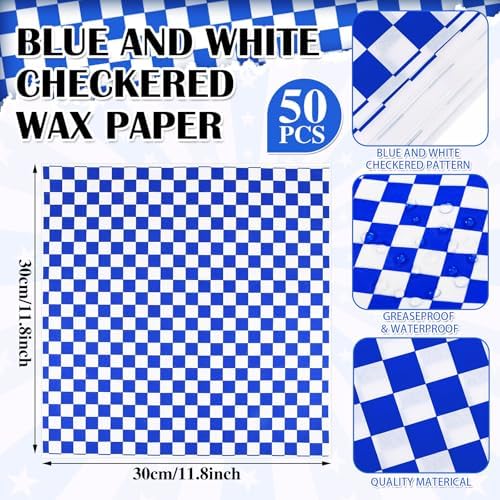 Geosar 100 Pcs Gingham Paper Food Tray with Wax Paper,Blue White