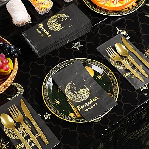 Ramadan Party Supplies Decorations for Home Serve 25, Eid Mubarak Ramadan Black and Gold Plates and Napkins Set, Disposable Paper Plates Napkins Cups Knives Spoons Forks for Ramadan Party Decorations