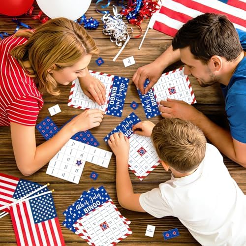 4th of July Bingo Game Set for 24 - Patriotic Party Activities, Independence Day Games for Family Reunion, School & Classroom Decorations – 5" x 7" Cards