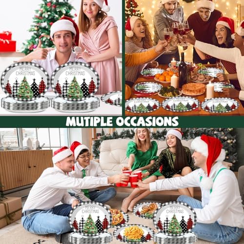 50Pcs Christmas Oval Paper Plates Large Disposable 11'' Dinner Plates Heavy Duty Buffalo Plaid Christmas Tree Black White Party Decoration Xmas Serving Tray for Holiday Party Supplies Tableware Set