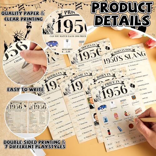70Pcs 70th Birthday Party Games Born In 1956 Fun 1956 Trivia Music Slang Books Game Double-Sided Game Cards Vintage 70th Birthday Party Supplies for 70 Year Old Activity Anniversary Class Reunion