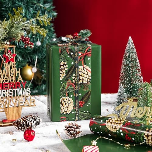 WRAPAHOLIC 30 Inch Reversible Green Christmas Wrapping Paper - 30 Inch x 33 Feet - Pinecones with Red Bow Wrapping Paper and Solid Green for Xmas Holiday, Party Celebration