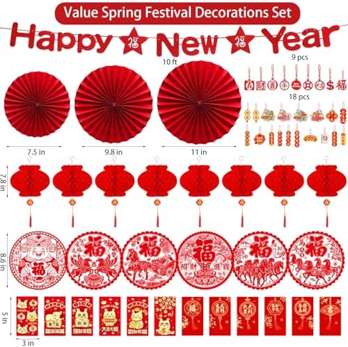 Chinese New Year Decorations 2026 Spring Festival Hanging Ornaments Paper Fans Red Lantern Happy New Year Banner Red Envelopes Chinese Fu Character Stickers for Lunar New Year Decorations