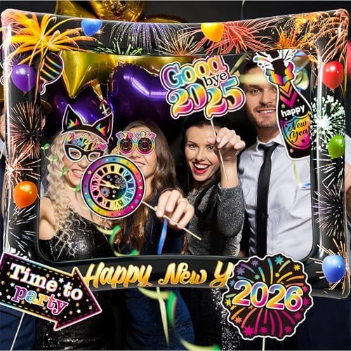 2026 New Year Photo Booth Inflatable Frame Kit, 30Pcs Fluorescent Color New Years Photo Booth Props with Inflatable Picture Frame for New Year Eve Party Selfie Props Supplies