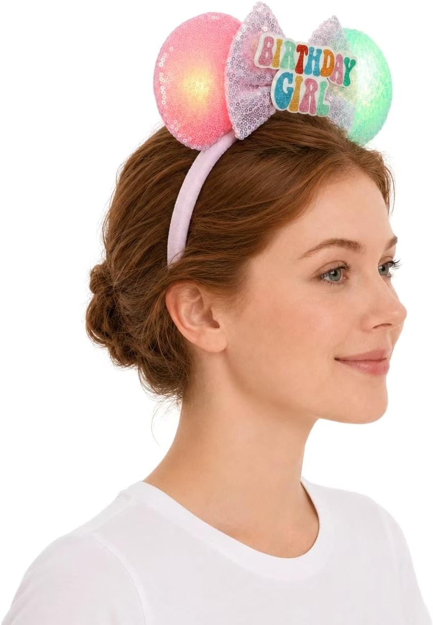 LED Mouse Ears Light Up Birthday Girl Hair Bow Headband, Flash Glowing Party Decoration Headwear for Women Girls