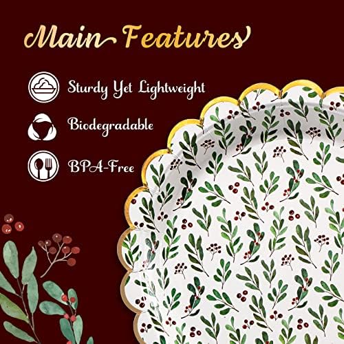 Confettiville Christmas Paper Plates, 50-Count Disposable Christmas Party Supplies, Holly, Gold Foil Scalloped Edge, 9 Inches