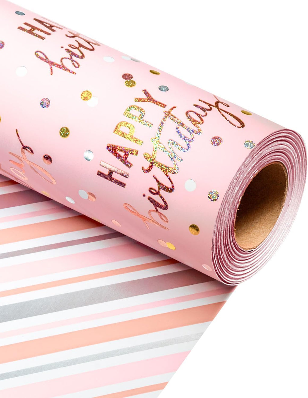 MAYPLUSS Birthday Wrapping Paper Roll, Pink Metallic Holographic Happy Birthday Wrapping Paper Featuring Revesible Stripe Gift Wrap Paper for Girls Boys Kids Men, 17 Inches x 33 Feet