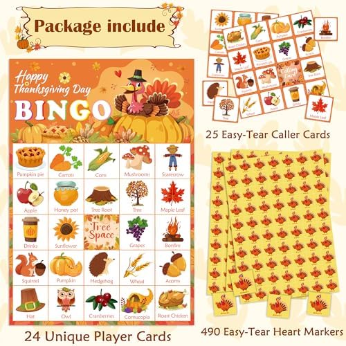 OHOME Thanksgiving Crafts for Kids | Thanksgiving Bingo Cards - 24 Players Thanksgiving Games - Thanksgiving Gifts Party Favors for Kids | Friendsgiving Activities Toys Party Supplies