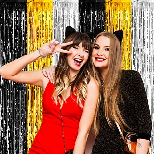 4 Pack Black Gold Silver Foil Fringe Curtain Backdrop, 3.28Ft x 8.2Ft Metallic Tinsel Foil Fringe Streamers for Photo Booth, Wedding, Notorious One Birthday Roaring 20s Graduation Party Decoration
