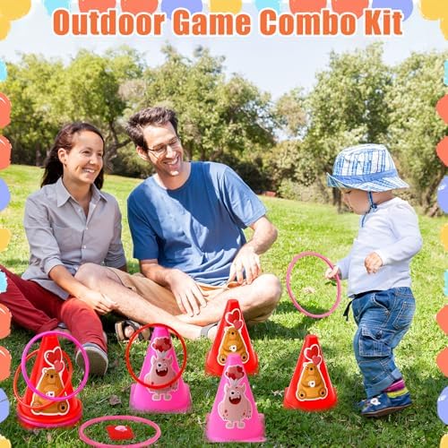 39Pcs 4 in 1 Valentines Day Party Games for Kids with Ring Toss, Plastic Cones, Bean Bags, 3-Legged Race Bands, Stickers, Carnival Valentine's Games Activity Combo Set for Classroom Indoor Outdoor
