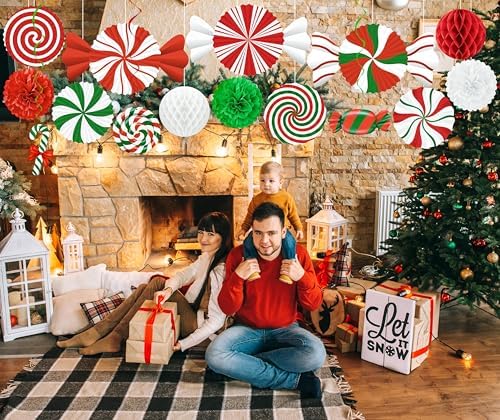 15pcs Candyland Christmas Party Decorations – Paper Fans, Honeycomb, Swirls for Peppermint, Indoor Ceiling, Wall Holiday Decor