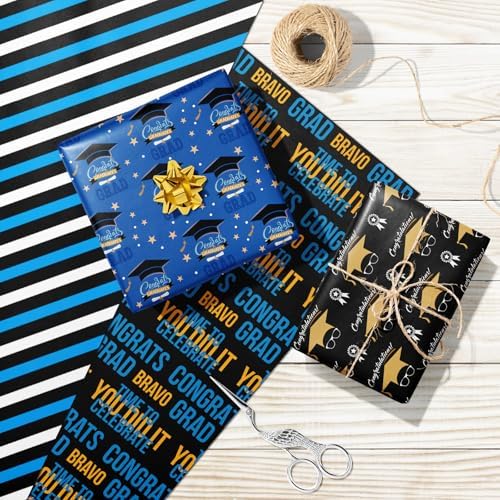 Cuitpan Graduation Wrapping Paper - Gift Wrap for High School & College Graduation 2025,Black Caps,Blue Stripes,Laurel Wreath,Medals Designs,Perfect for Parties Gifts - 8 Sheets, 20 x 29 Inches