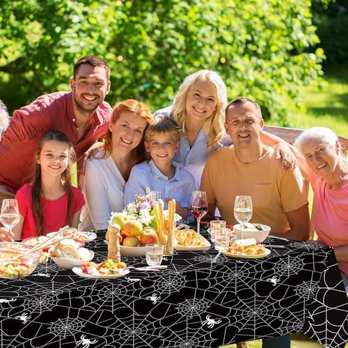 3-Piece 54 x 108 Inch Halloween Spider Web Plastic Tablecloth - Black and White Cobweb with Spiders Patterns, Disposable Rectangle Table Cover for Birthday Dining Table Cover Indoor Outdoor Decoration
