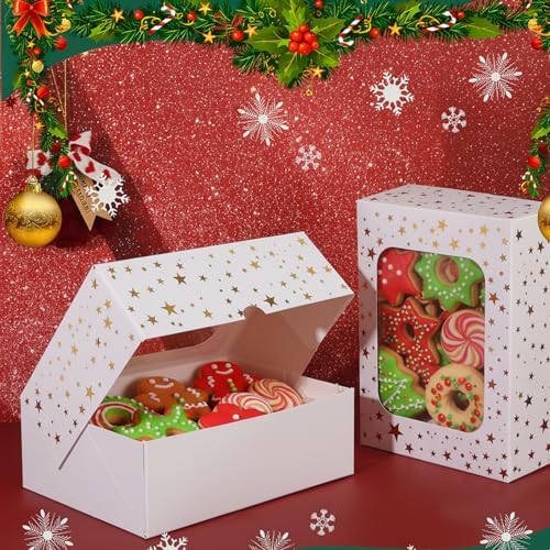 YEKTFS 24Pcs Christmas Cookie Boxes with Window - Gold Foil Star Pastry Boxes for Gift Giving, Bakery Boxes, White Christmas Cookie Tins with Lids,Dessert, Donut, Baked Goods Packaging