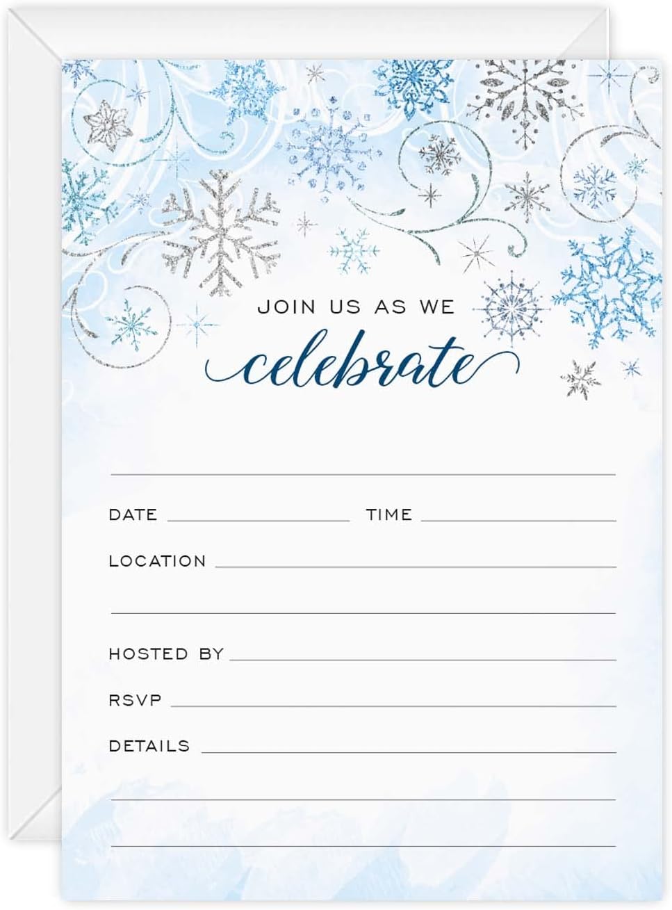 Canopy Street Faux Glitter Winter Party Fill In Invitations / 25 Snowflake Invites With White Envelopes / 5" x 7" Elegant Snow All Occasion Event Invites/Made In The USA