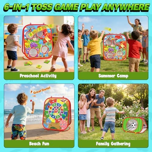 Dino Bean Bag Toss Game Toy for Kids, 6-1 Cornhole Board Outdoor Toys for Toddlers, Easter Gifts for Kids, Backyard Beach Lawn Party Toss Game Toy for 3 4 5 6 7 8 Year Old Boys Girls Birthday Gifts
