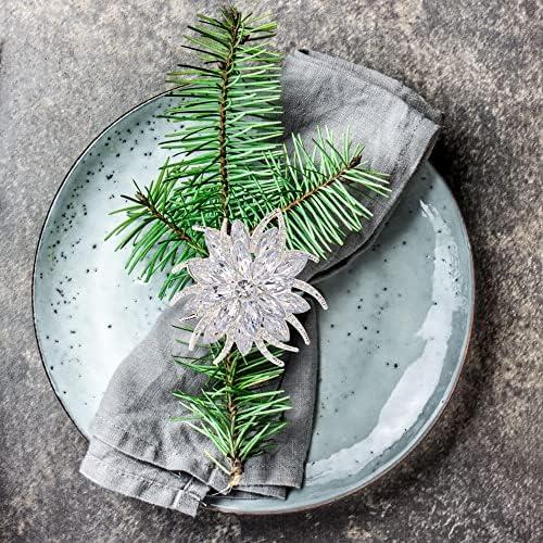 ZeeDix Christmas Flower Napkin Rings Set of 8, Silver Lotus Elegant Rhinestone Napkin Ring Serviette Buckles Holder for Wedding Birthday Christmas Holiday Party Home Kitchen Dinner Table Decoration