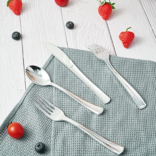 FOCUSLINE 75 Pack Silver Plastic Silverware, Disposable Cutlery Set