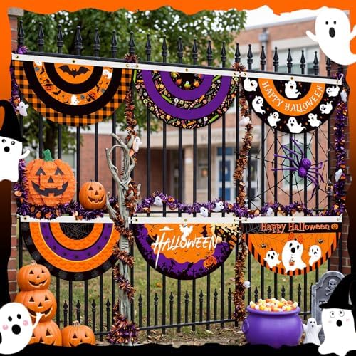 12 Pcs Happy Halloween Bunting Halloween Ghost Half Fan Banner