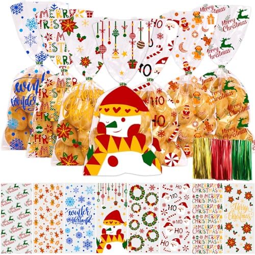 DULEFUN 160PCS Christmas Cellophane Treat Bags 8 Styles with Twist Ties