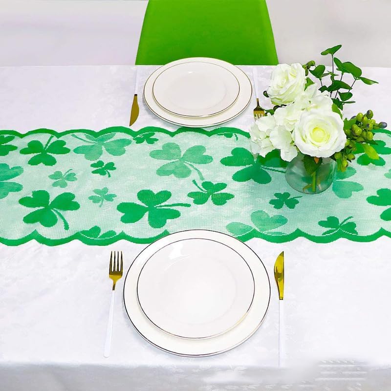 Green Lace Table Runners for St. Patricks Day Wedding Bridal Shower Baby Shower Party Table Decoration, Rustic Shamrock Clover Embroidered Boho Table Runner,14 x 120 Inch (Green)