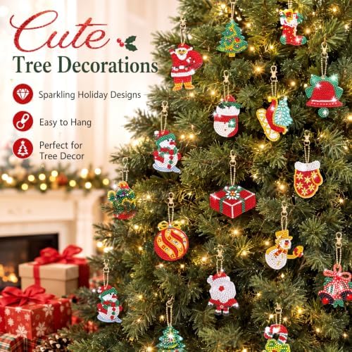 Yaomiao 17 Pcs Double Sided Diamond Art Christmas Ornaments Keychains 5d