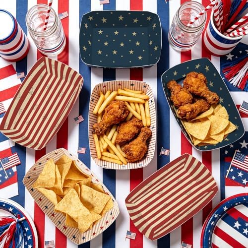 48 Pcs Vintage Patriotic Snack Trays, Disposable American Heritage Serving Boats, Red White and Blue Food Trays for July 4th, BBQs & Patriotic Celebrations – 3 Unique Designs