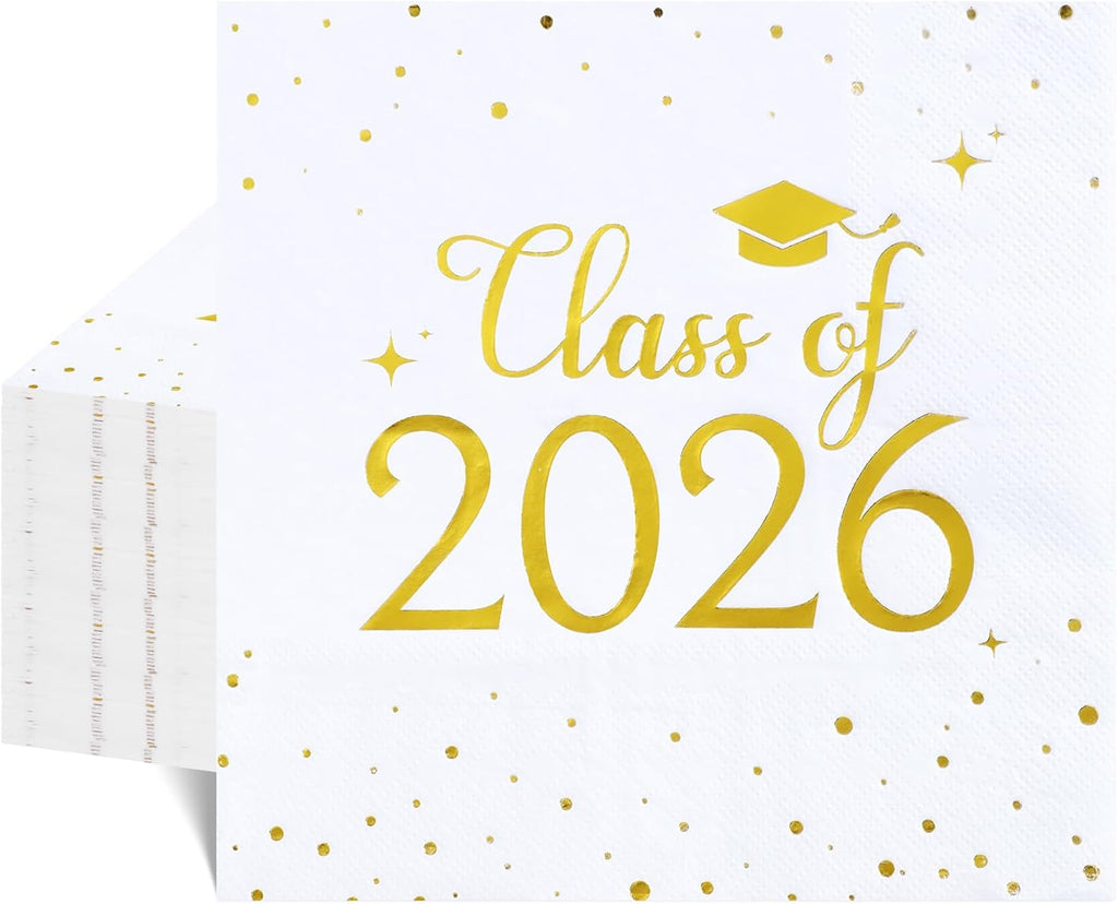 Natnarr Graduation Cocktail Napkins Class Of 2026, White Gold, 50 Pack