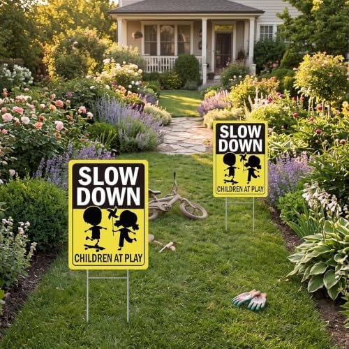 Rngmsi Slow Down Kids At Play Yard Sign Set 3pc with Ground Stakes
