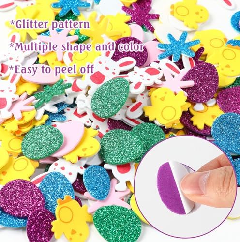 Easter Foam Stickers, 300PCS Easter Stickers for Kids Crafts, Self-Adhesive Spring Sticker Glitter Easter Egg Bunny Chick Flower Decorative Foam Sticker for Easter Decorations Arts Crafts DIY Supplies