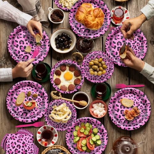 100 Pieces Pink Leopard Print Party Tableware Set – Hot Pink Cheetah Plates, Napkins and Forks, Disposable Dinnerware for Girls Birthday, Baby Shower and Safari Party Supplies
