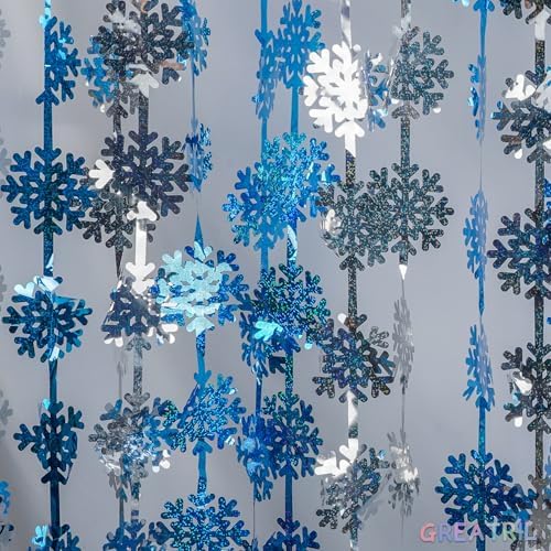 Silver Blue Snowflake Fringe Curtain -3.2ft x 6.5ft - 2 Pack