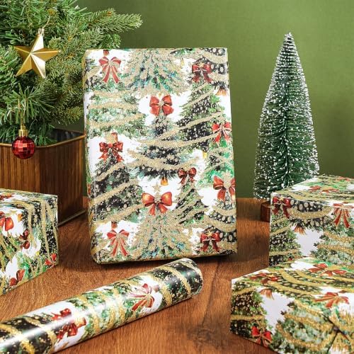 RUSPEPA Glitter Foil Christmas Wrapping Paper Roll, Mini Roll, Festive Holiday Tree Design with Red Bows & Lights Design Gift Wrap for Kids, Girls, Women, Friends, Xmas Presents, 17 Inches x 16.4 Feet