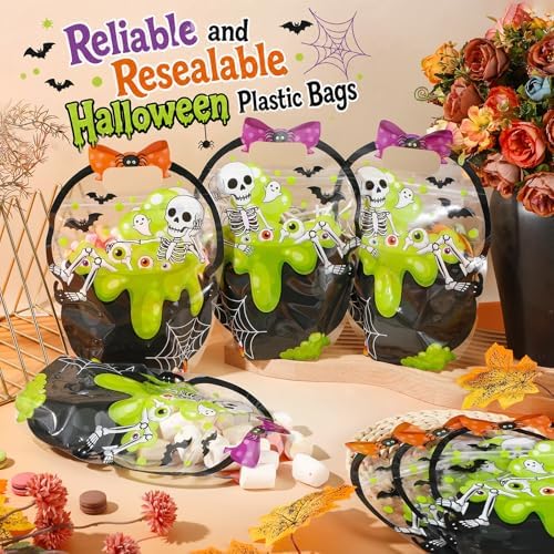Fuutreo 25 Pcs Halloween Treat Bags with Handles, Skeleton Plastic