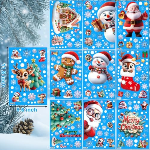 Famoby 10 Sheets 300Pcs Christmas Window Clings Decals Static Window Stickers for Christmas Snowflake Winter Holiday Home Indoor Decorations Windows Décor Christmas Decal Stickers Glass Door Decor